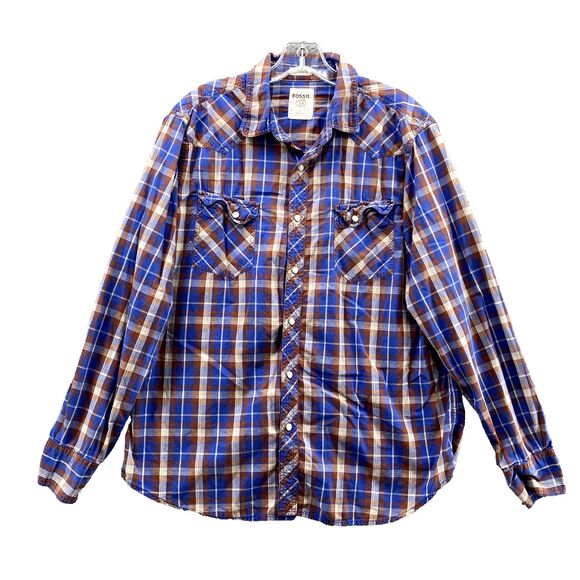 Fossil Shirt Large Blue Plaid 54 Vintage Fit Pearl Snap Western 90's Cotton Mens - Picture 1 of 9
